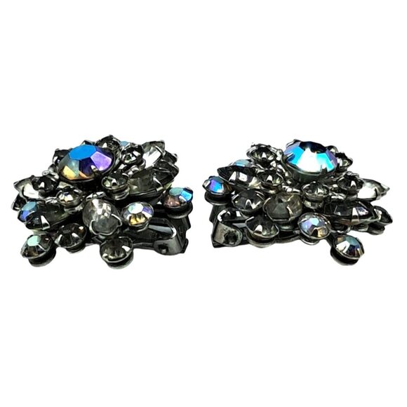 Vintage Rhinestone Earrings Fleur de Lis Aurora Borealis Gray Clear Clip Ons Cos - Picture 6 of 11
